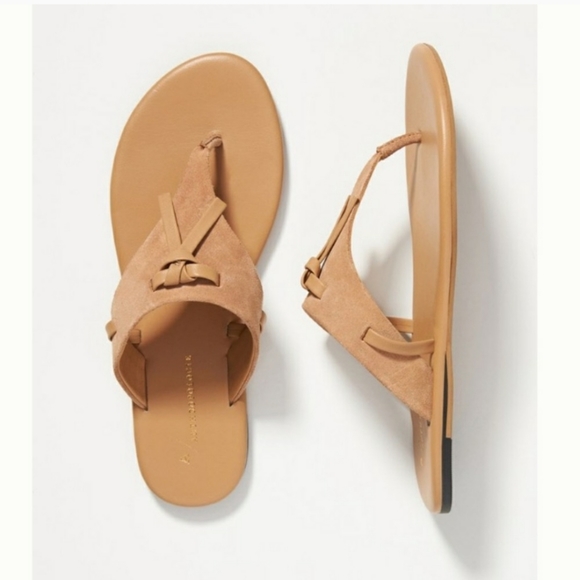 Anthropologie Lace-Up Casual Tan Brown Suede Leather Flip Flop Thong Sandals 10 - Picture 2 of 13